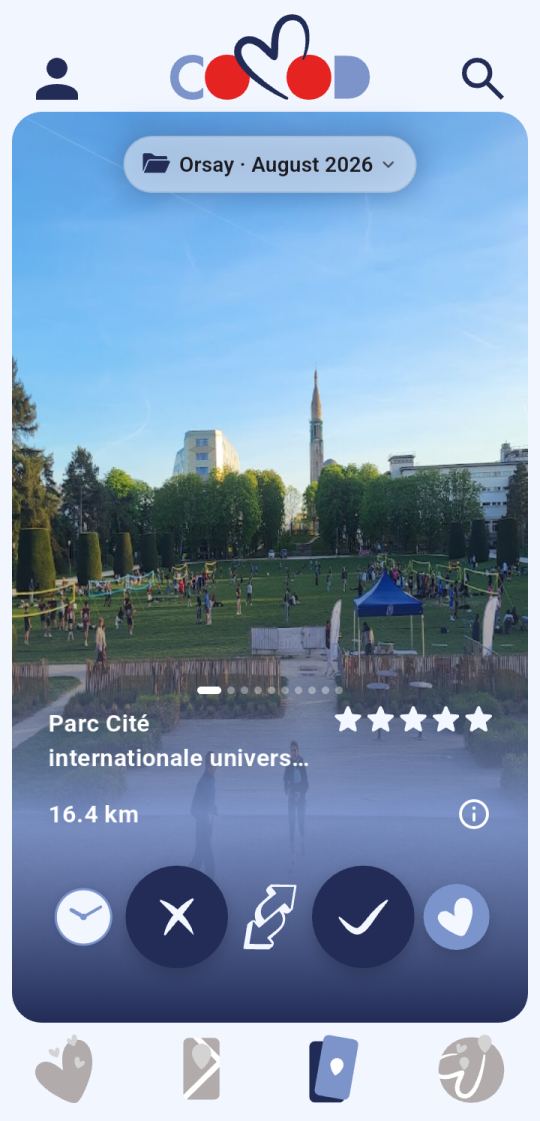 The COMOD deck showing one place as a full-screen photo card
