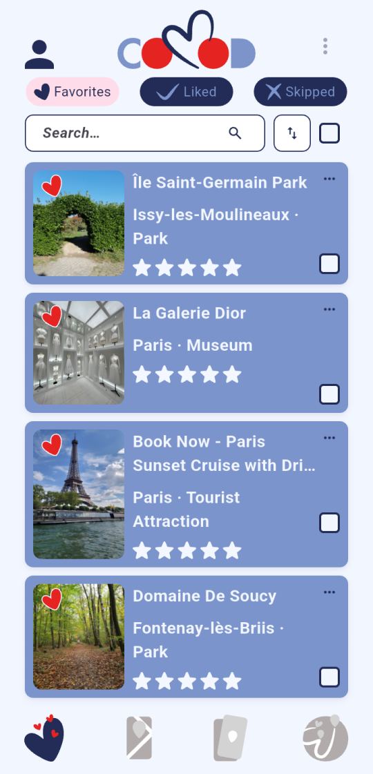 A list of saved places in COMOD
