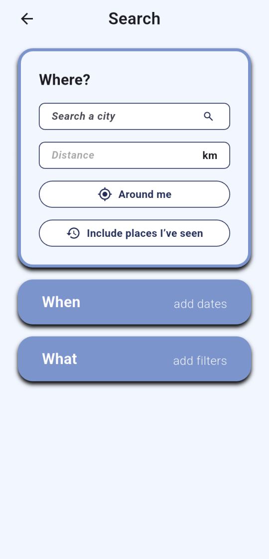 The COMOD search sheet with city, distance and category filters